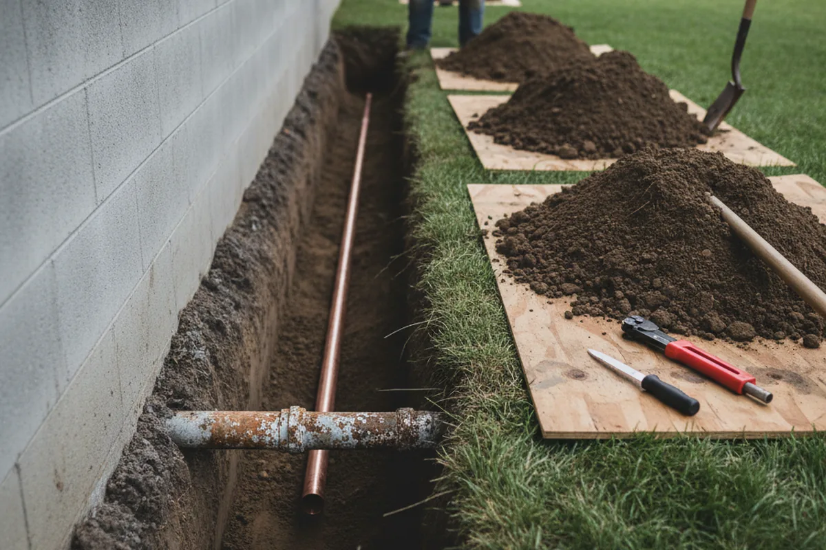 Excavated water line trench during Water Heater Repair in Princeton